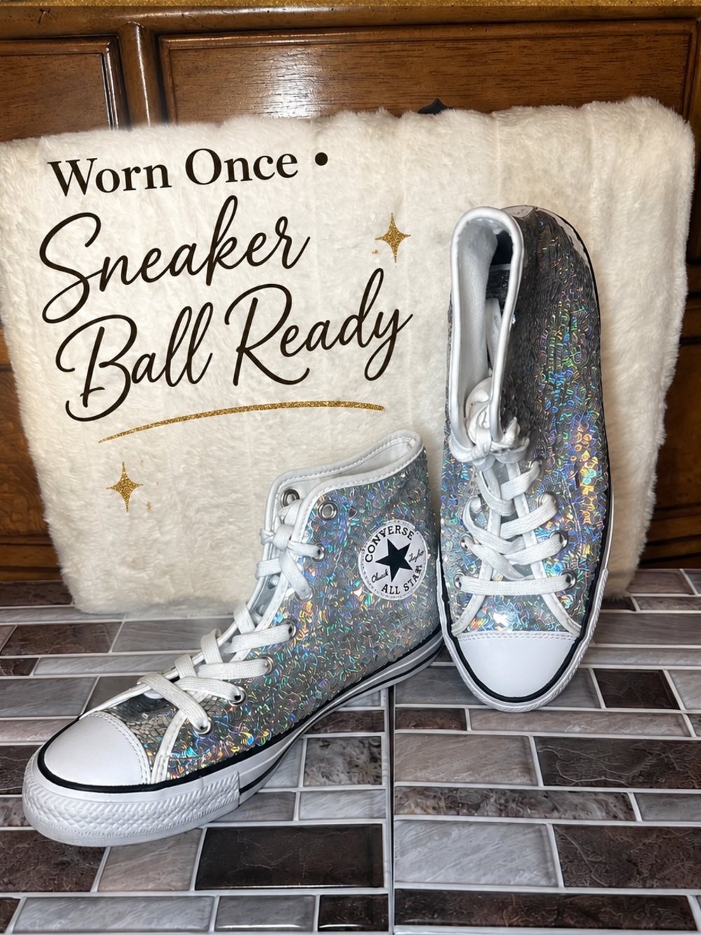 Rare Converse Chuck Taylor All Star High Mini Sequins Silver Hi Tops 8 - Picture 13 of 13